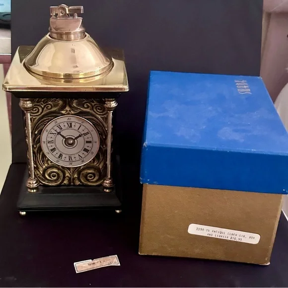 NOS Vintage 1960s Mantel Clock Cigarette holder with Brass Ltr in original box